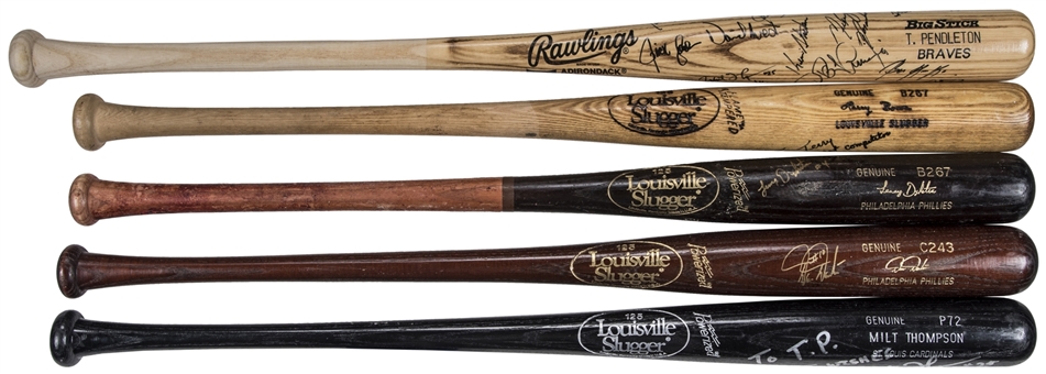 Lot of (5) Philadelphia Phillies Signed Bats Including 4 Single Signed & 1993 Team Signed Bat From Terry Pendleton Collection (Pendleton LOA & Beckett)